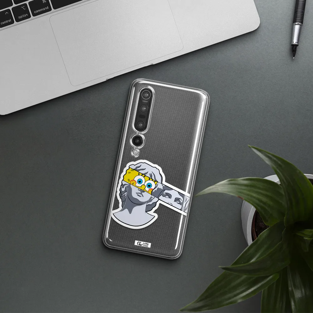 a cartoon of a statue with a yellow spongebob over its eyes Xiaomi Mi 10 Pro Clear TPU Case