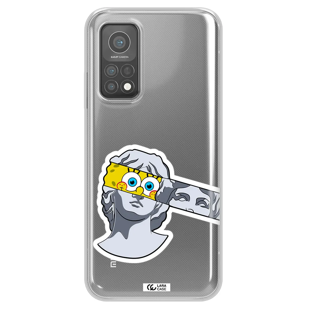 a cartoon of a statue with a yellow spongebob over its eyes Xiaomi Mi 10 T Pro Clear TPU Case