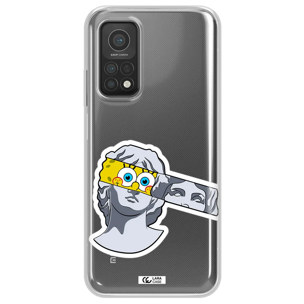 a cartoon of a statue with a yellow spongebob over its eyes Xiaomi Mi 10T Clear TPU Case