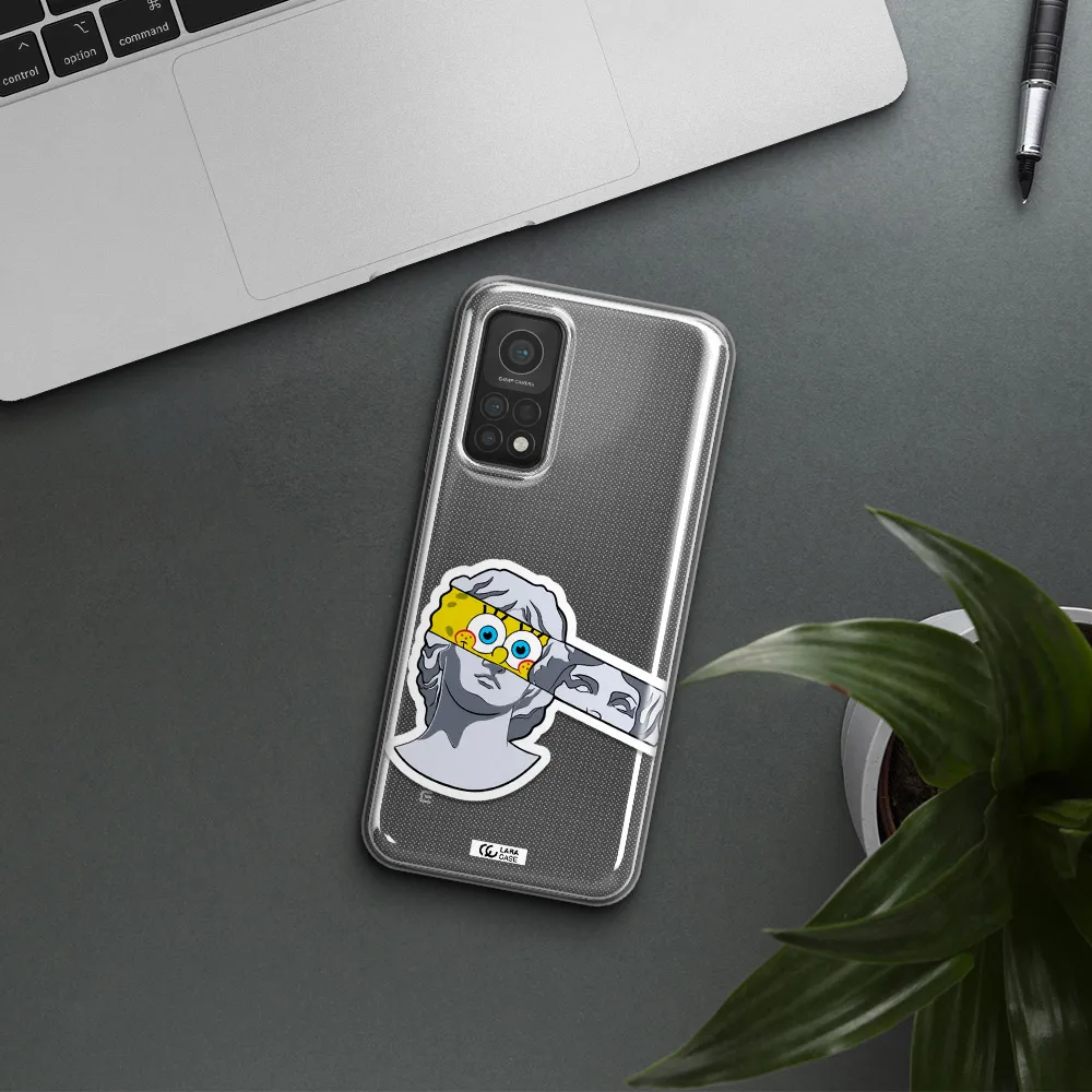 a cartoon of a statue with a yellow spongebob over its eyes Xiaomi Mi 10T Clear TPU Case