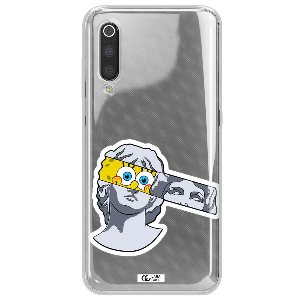 a cartoon of a statue with a yellow spongebob over its eyes Xiaomi Mi 9 Clear TPU Case