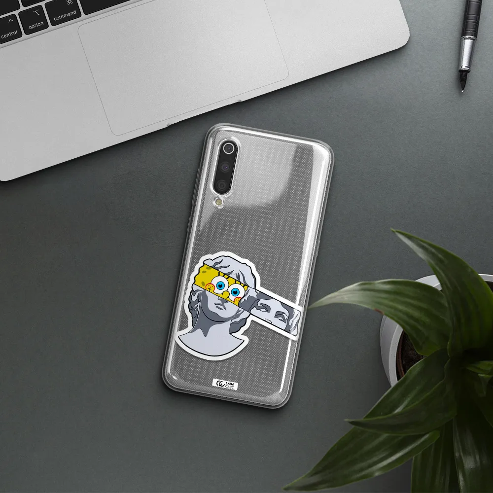 a cartoon of a statue with a yellow spongebob over its eyes Xiaomi Mi 9 Clear TPU Case