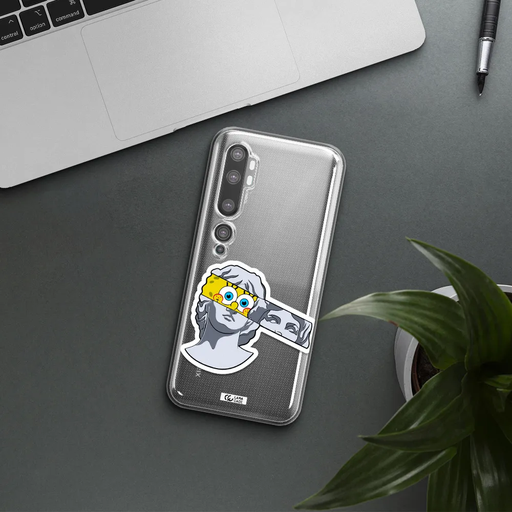 a cartoon of a statue with a yellow spongebob over its eyes Xiaomi Mi Note 10 Clear TPU Case