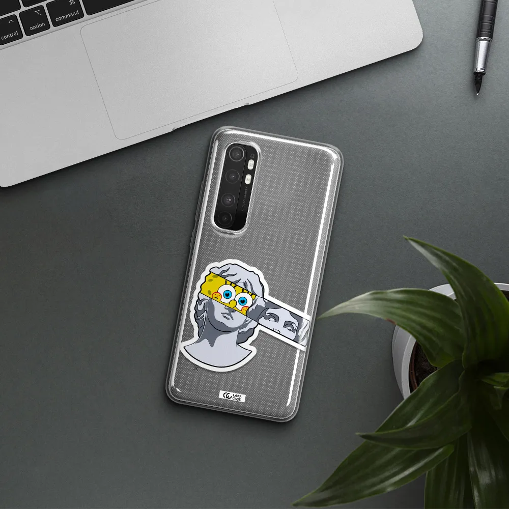 a cartoon of a statue with a yellow spongebob over its eyes Xiaomi Mi Note 10 Lite Clear TPU Case