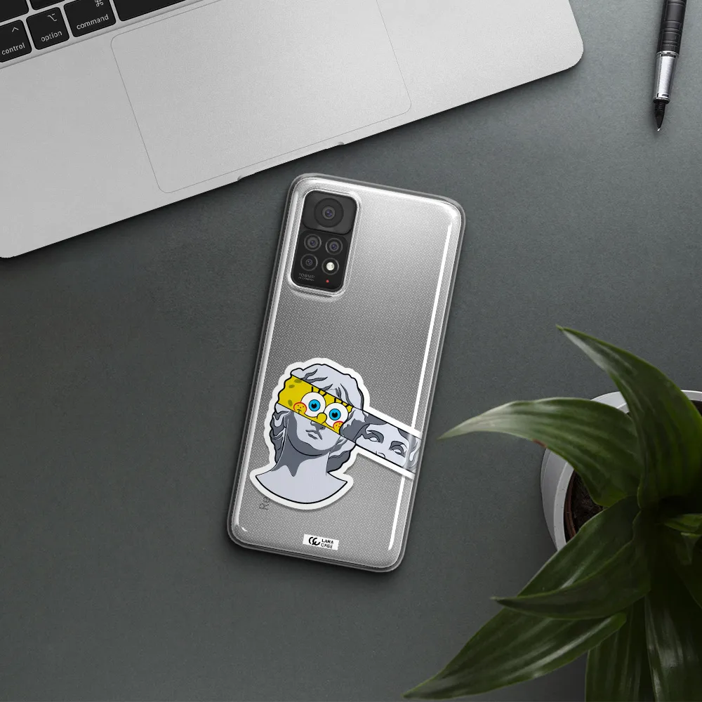 a cartoon of a statue with a yellow spongebob over its eyes Xiaomi Note 11 Pro Clear TPU Case