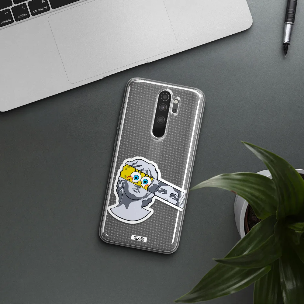 a cartoon of a statue with a yellow spongebob over its eyes Xiaomi Note 8 Pro Clear TPU Case
