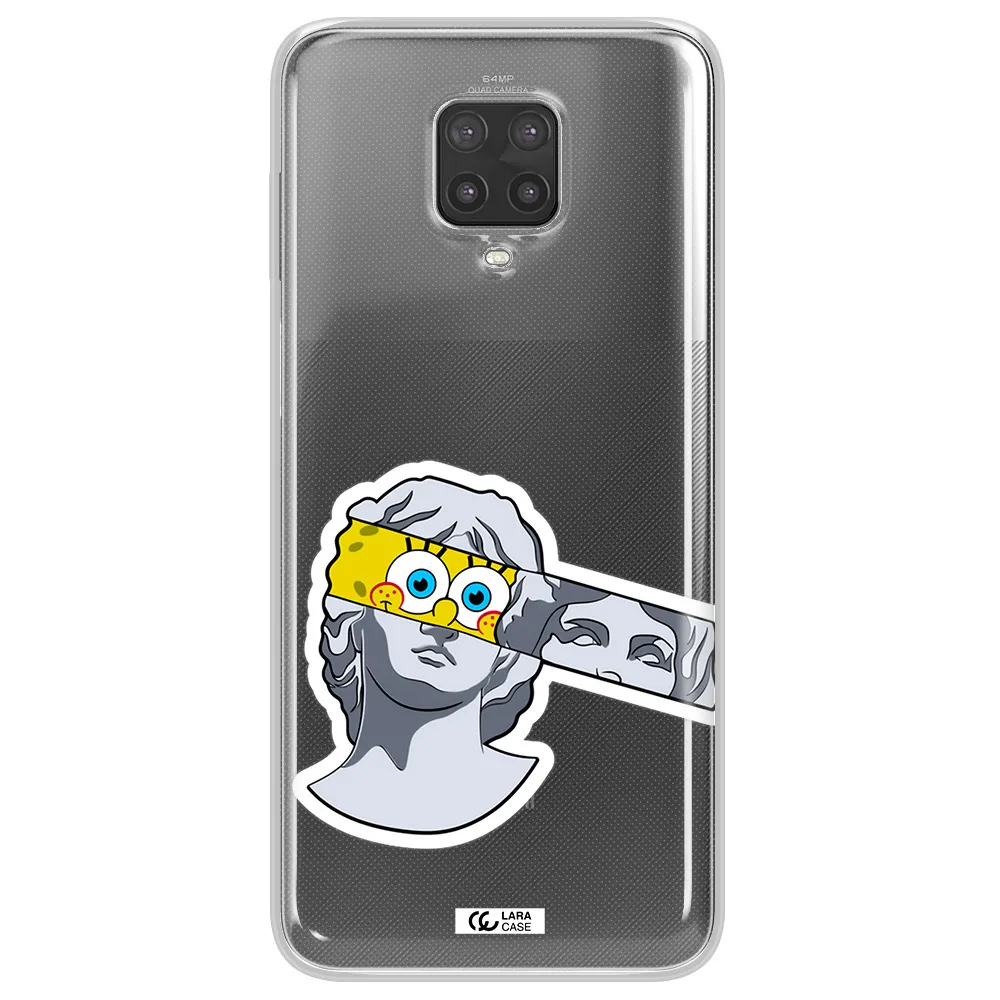 a cartoon of a statue with a yellow spongebob over its eyes Xiaomi Note 9 Pro Clear TPU Case