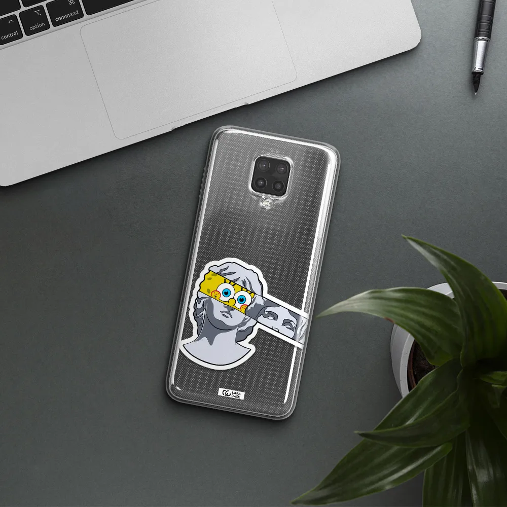 a cartoon of a statue with a yellow spongebob over its eyes Xiaomi Note 9 Pro Clear TPU Case