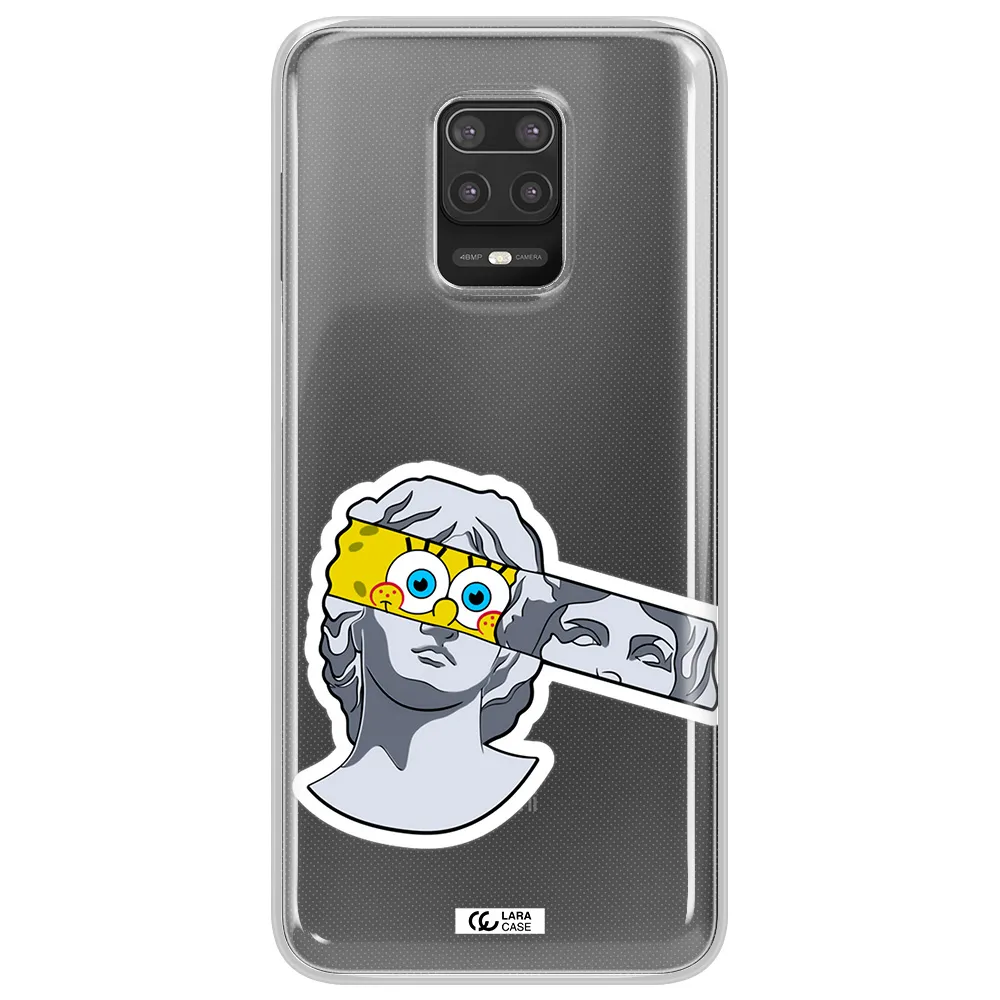 a cartoon of a statue with a yellow spongebob over its eyes Xiaomi Note 9S Clear TPU Case