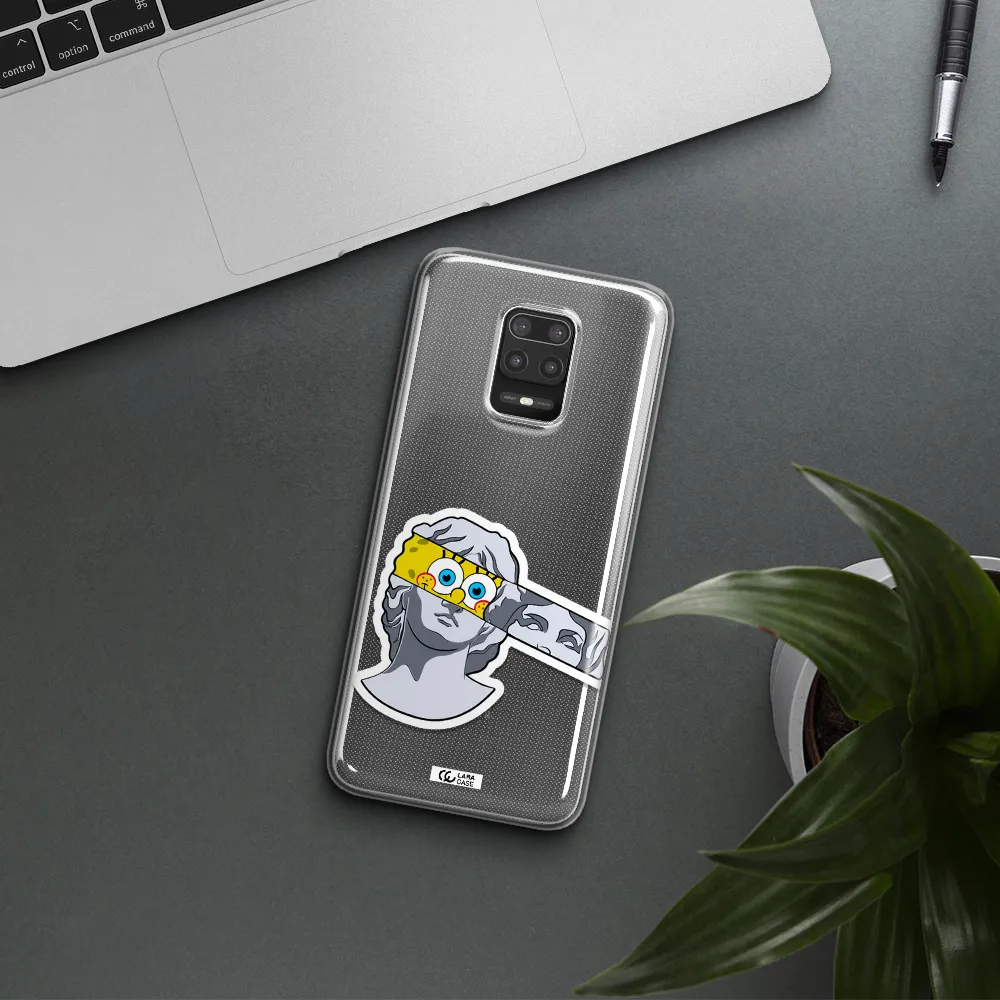 a cartoon of a statue with a yellow spongebob over its eyes Xiaomi Note 9S Clear TPU Case