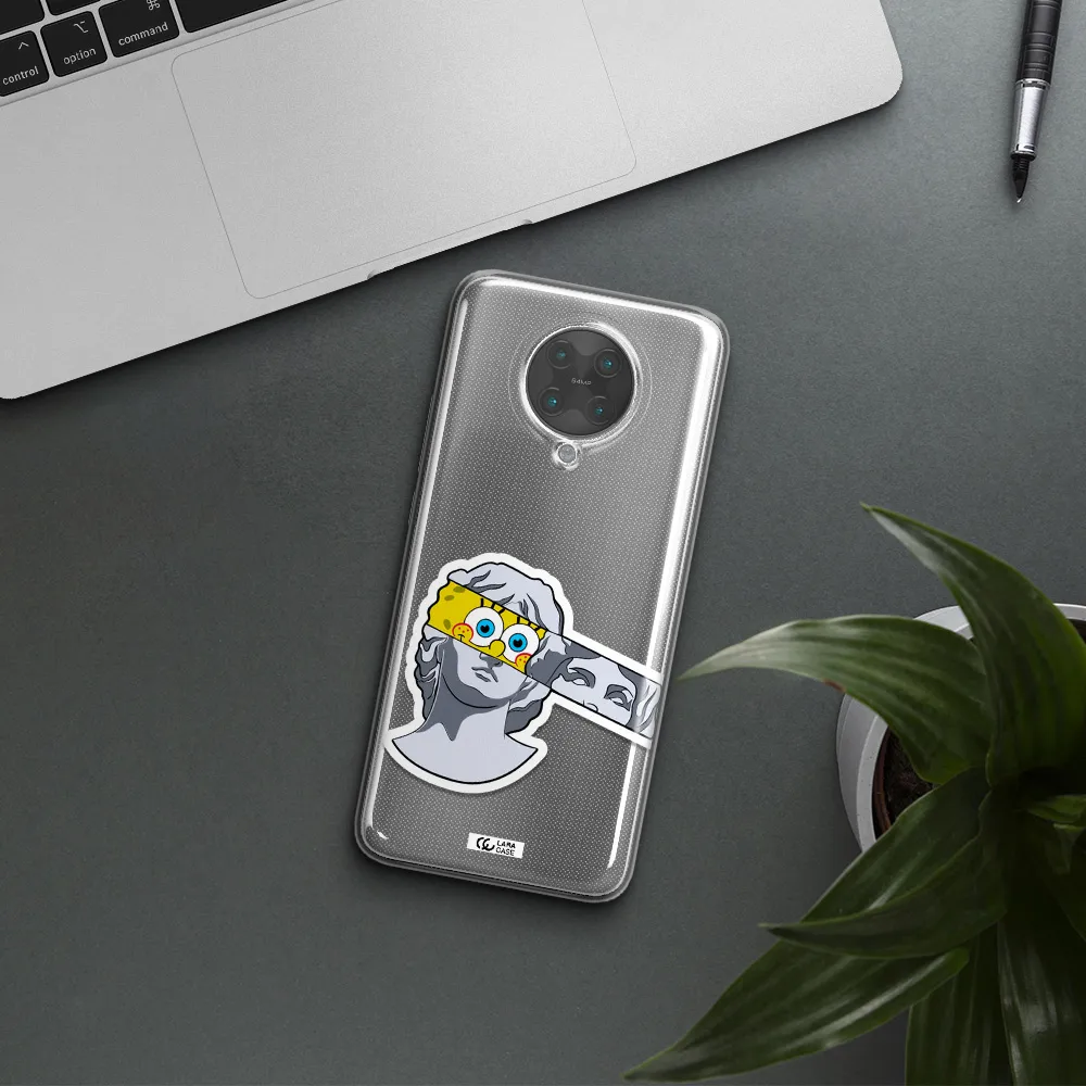 a cartoon of a statue with a yellow spongebob over its eyes Xiaomi Poco F2 Pro Clear TPU Case