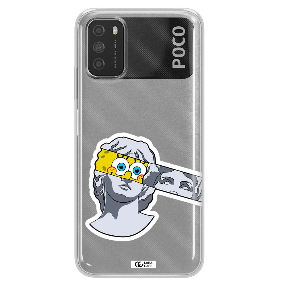 a cartoon of a statue with a yellow spongebob over its eyes Xiaomi Poco M3 Clear TPU Case