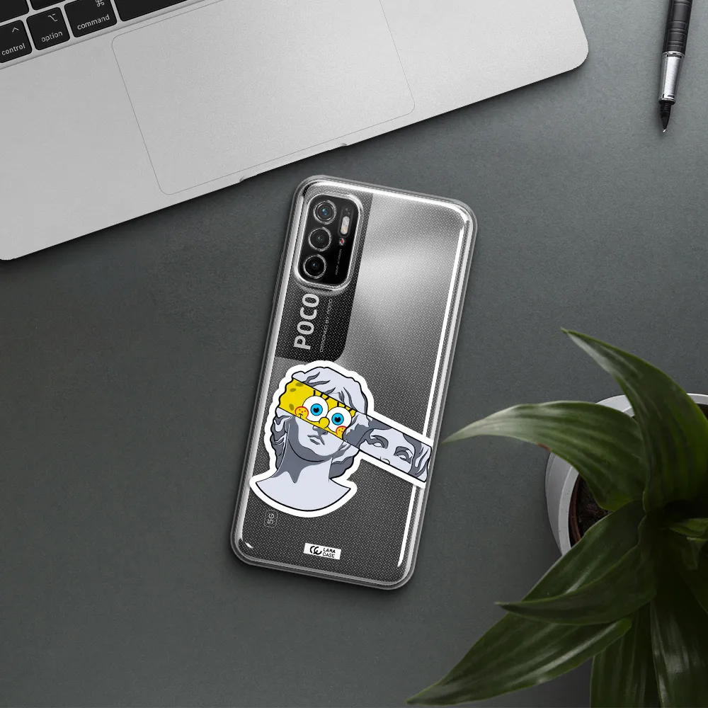 A Cartoon Of A Statue With A Yellow Spongebob Over Its Eyes Xiaomi Poco M4 Pro 5G Clear Tpu Case