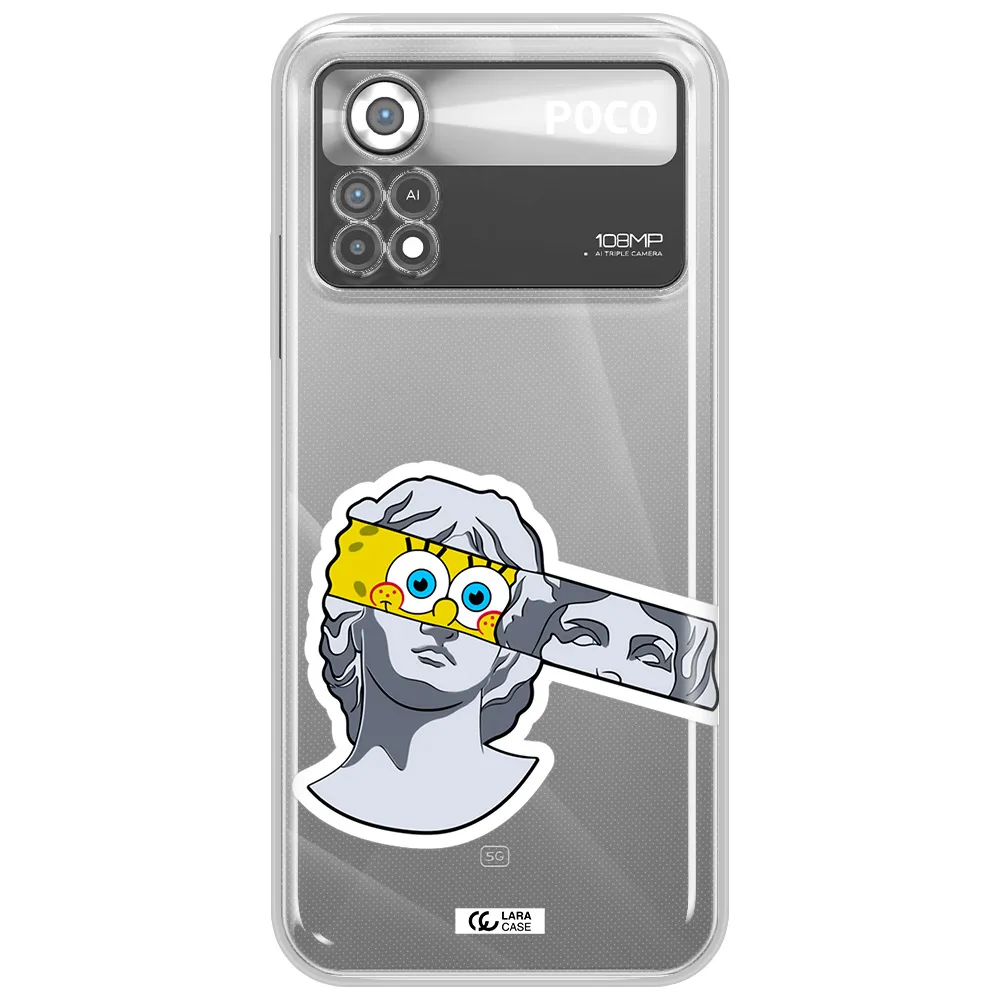 a cartoon of a statue with a yellow spongebob over its eyes Xiaomi Poco X4 Pro Clear TPU Case