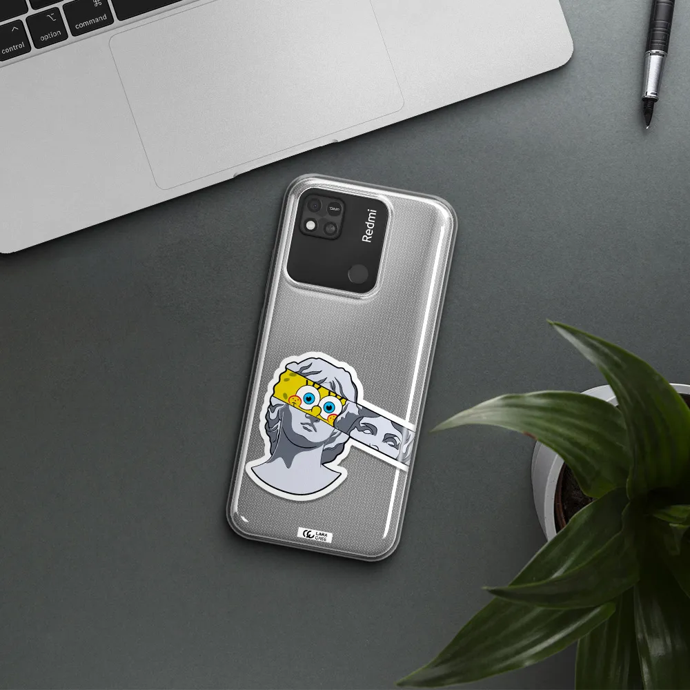 a cartoon of a statue with a yellow spongebob over its eyes Xiaomi Redmi 10A Clear TPU Case