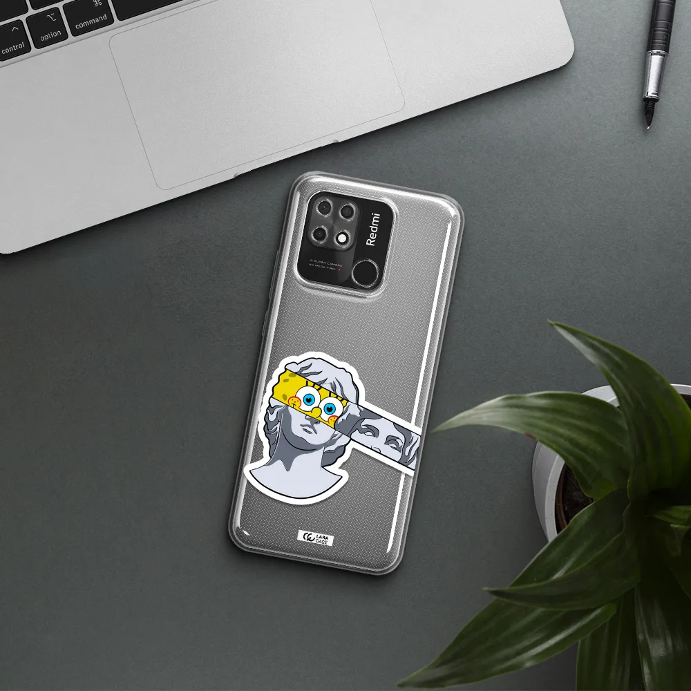 a cartoon of a statue with a yellow spongebob over its eyes Xiaomi Redmi 10C Clear TPU Case