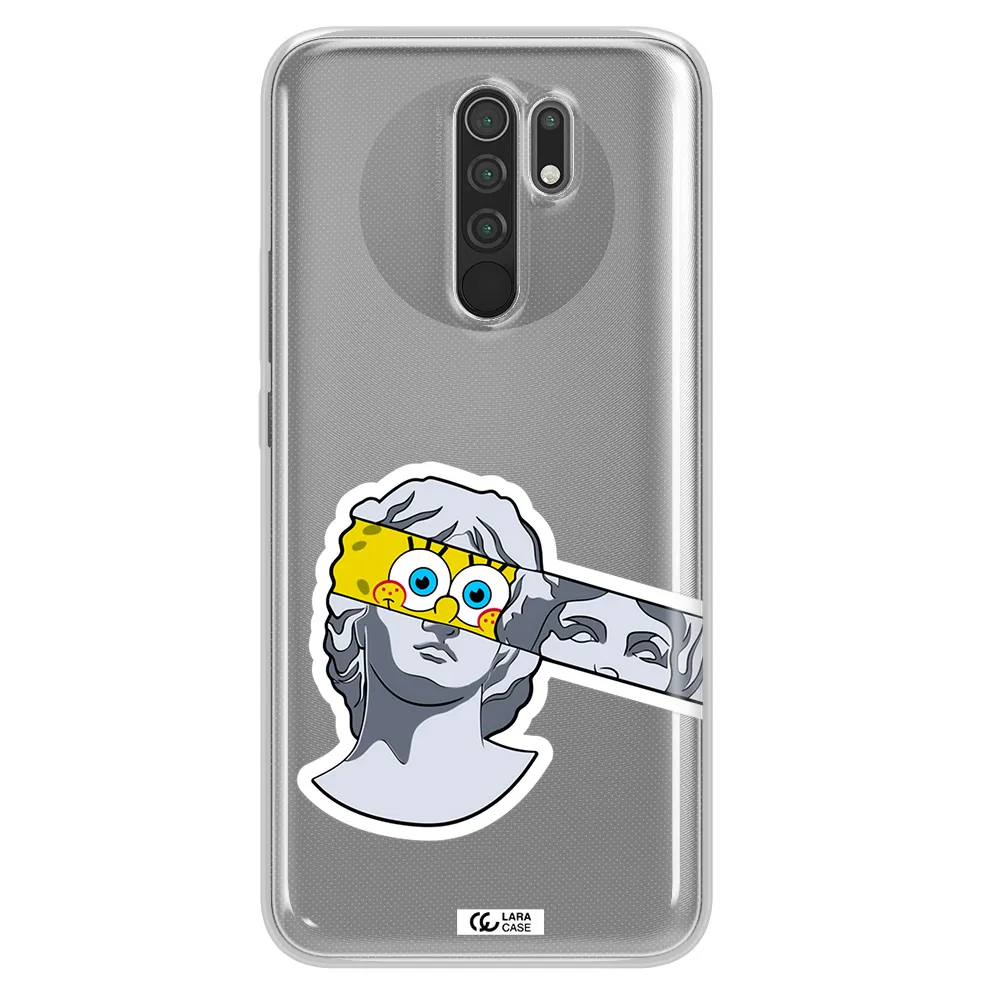 a cartoon of a statue with a yellow spongebob over its eyes Xiaomi Redmi 9 Clear TPU Case