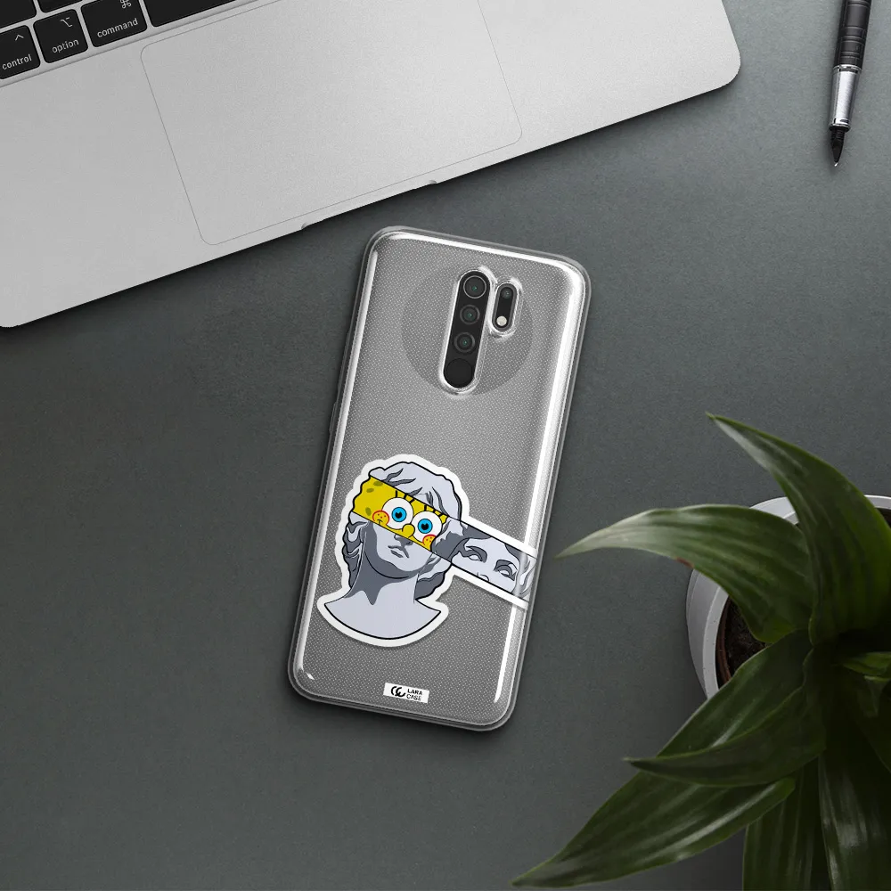 a cartoon of a statue with a yellow spongebob over its eyes Xiaomi Redmi 9 Clear TPU Case