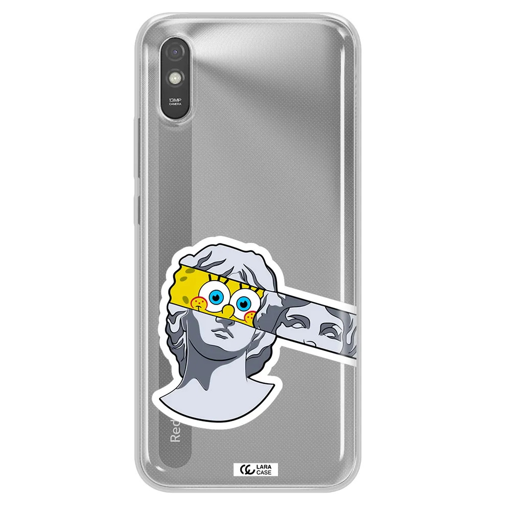 a cartoon of a statue with a yellow spongebob over its eyes Xiaomi Redmi 9A Clear TPU Case