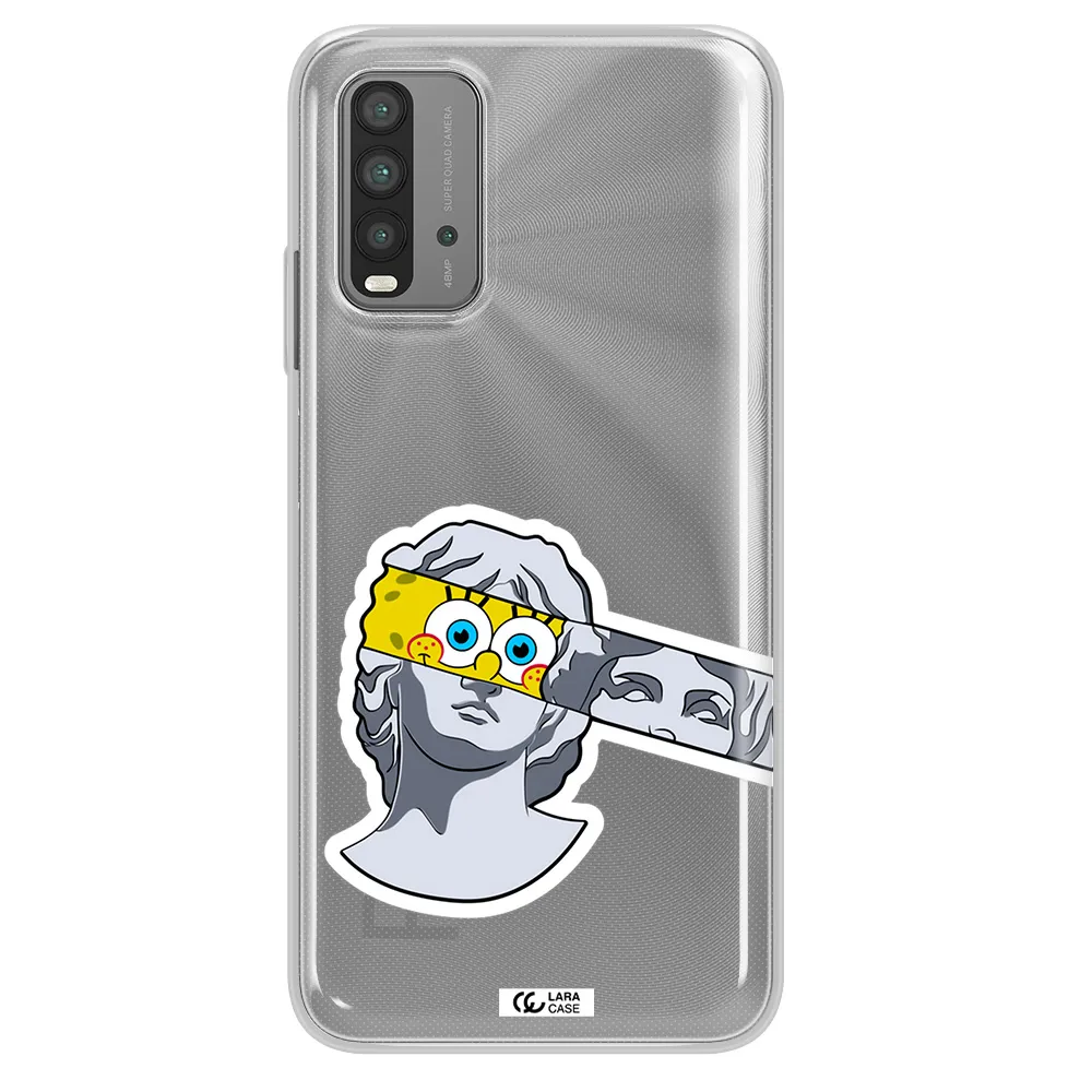 a cartoon of a statue with a yellow spongebob over its eyes Xiaomi Redmi 9T Clear TPU Case