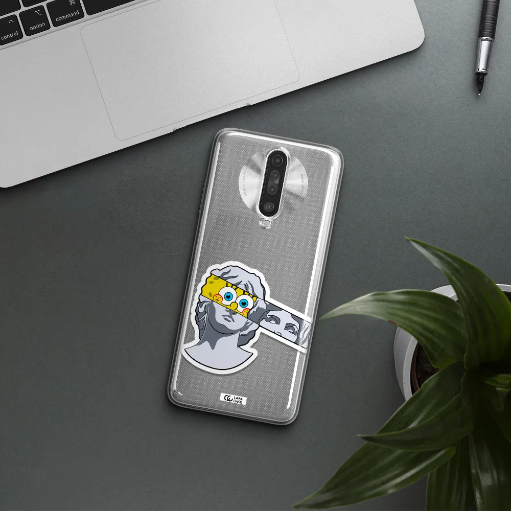 a cartoon of a statue with a yellow spongebob over its eyes Xiaomi Redmi K30 Clear TPU Case