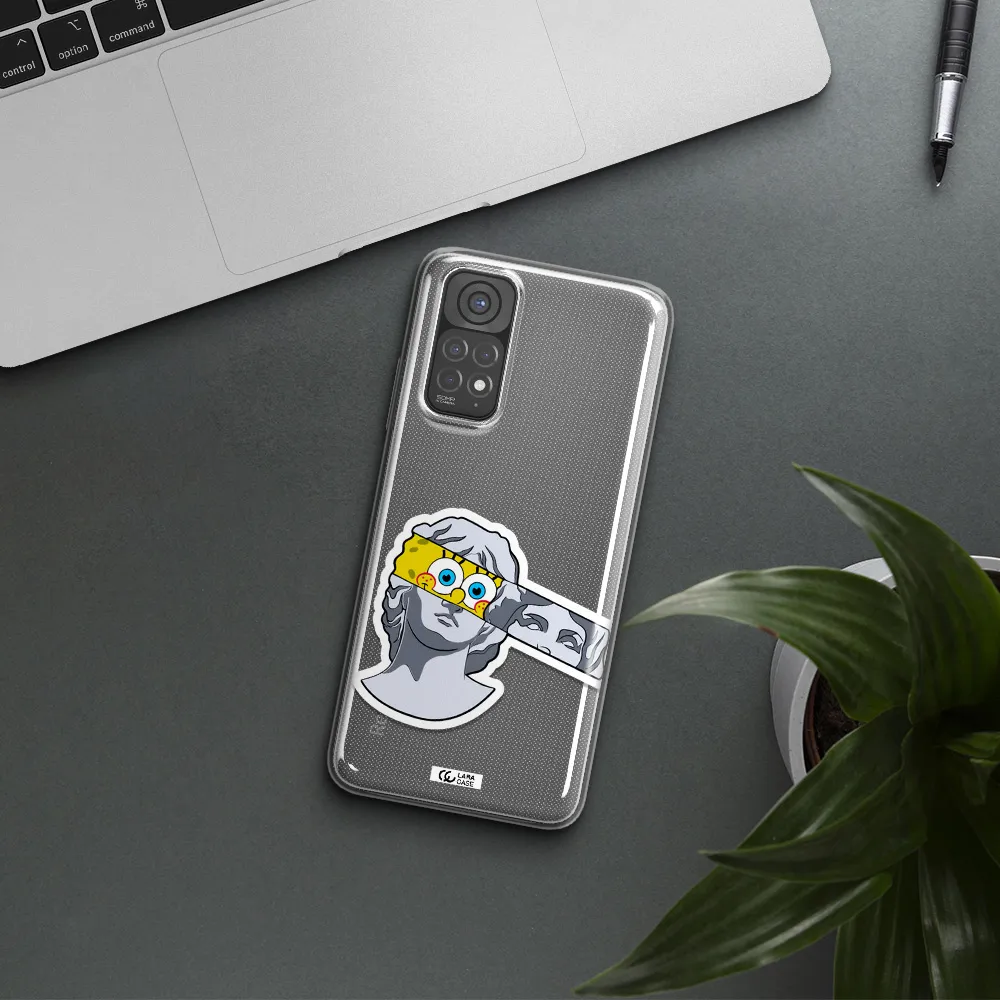 a cartoon of a statue with a yellow spongebob over its eyes Xiaomi Redmi Note 11 Clear TPU Case