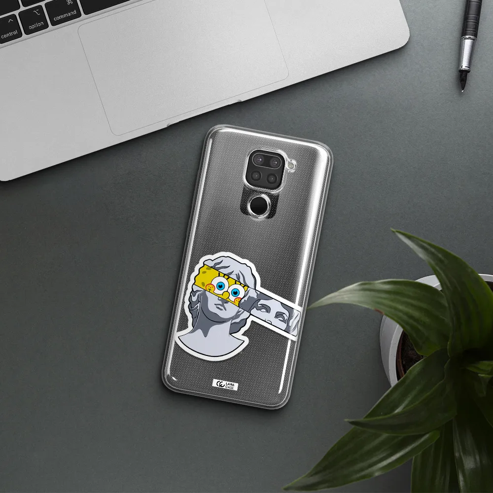 a cartoon of a statue with a yellow spongebob over its eyes Xiaomi Redmi Note 9 Clear TPU Case