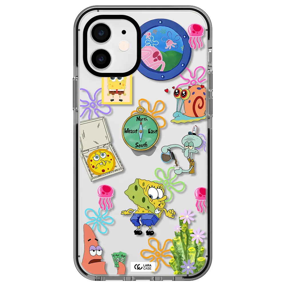 a collection of cartoon characters Apple iPhone 11 impact black border Case