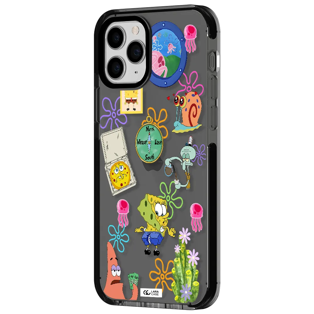 a collection of cartoon characters Apple iPhone 11 pro impact Smoke Black Case