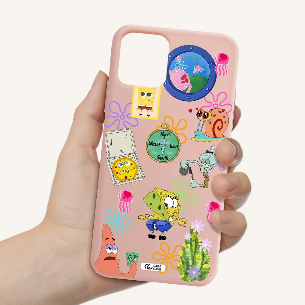 a collection of cartoon characters Apple iPhone 11 pro max Silicone pastel pink Case