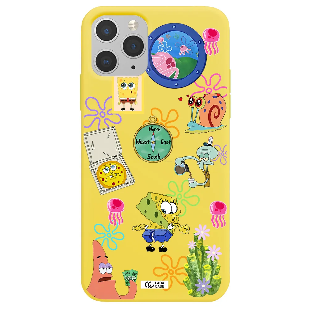 a collection of cartoon characters Apple iPhone 11 pro Silicone canary yellow Case