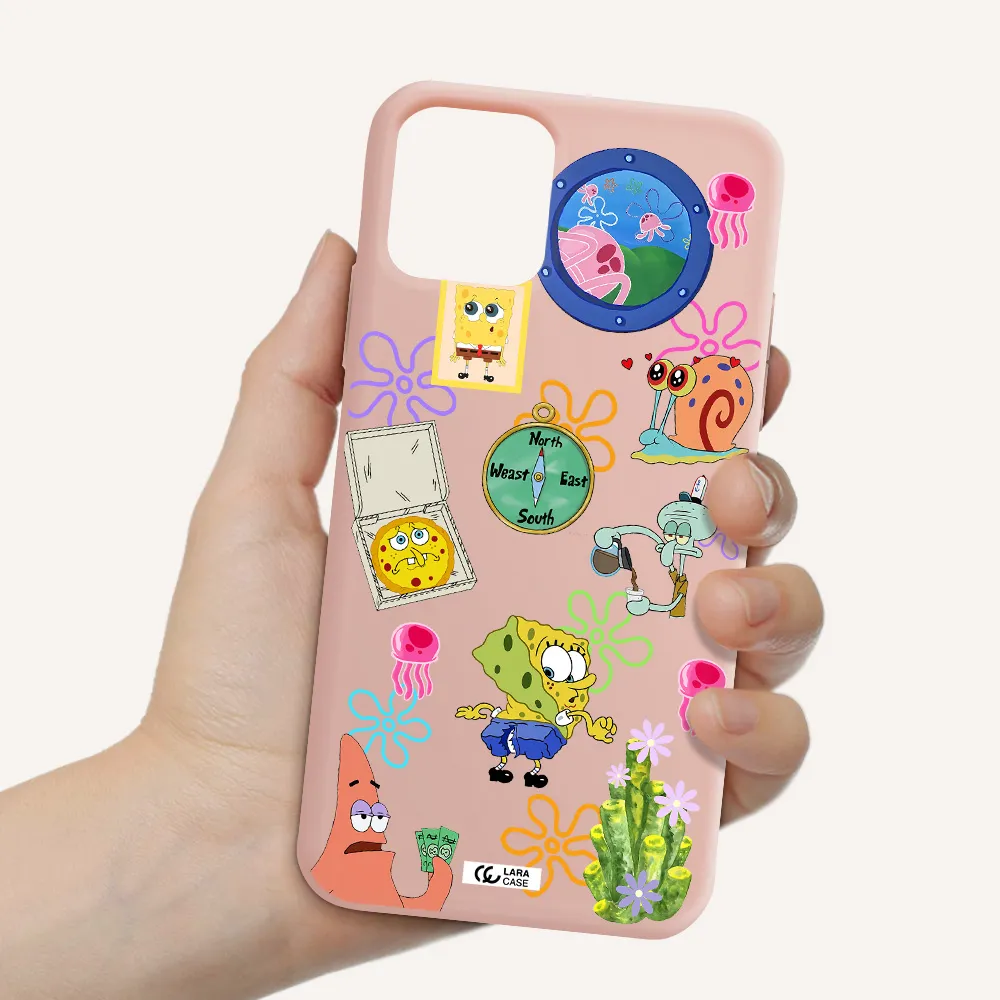 a collection of cartoon characters Apple iPhone 11 pro Silicone pastel pink Case