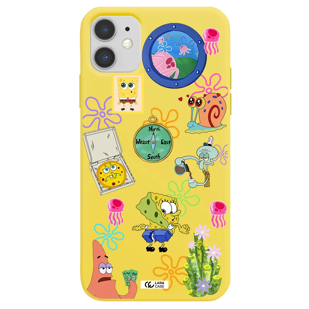 a collection of cartoon characters Apple iPhone 11 Silicone canary yellow Case