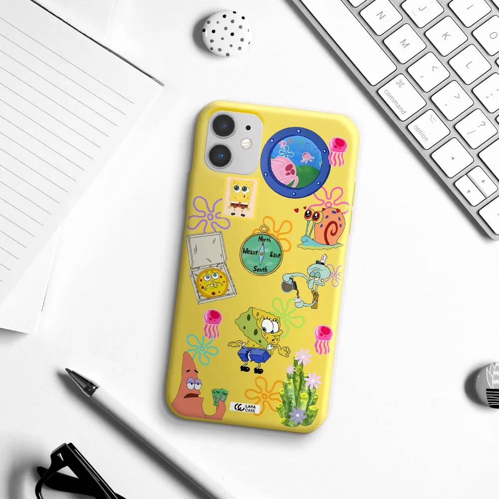 a collection of cartoon characters Apple iPhone 11 Silicone canary yellow Case