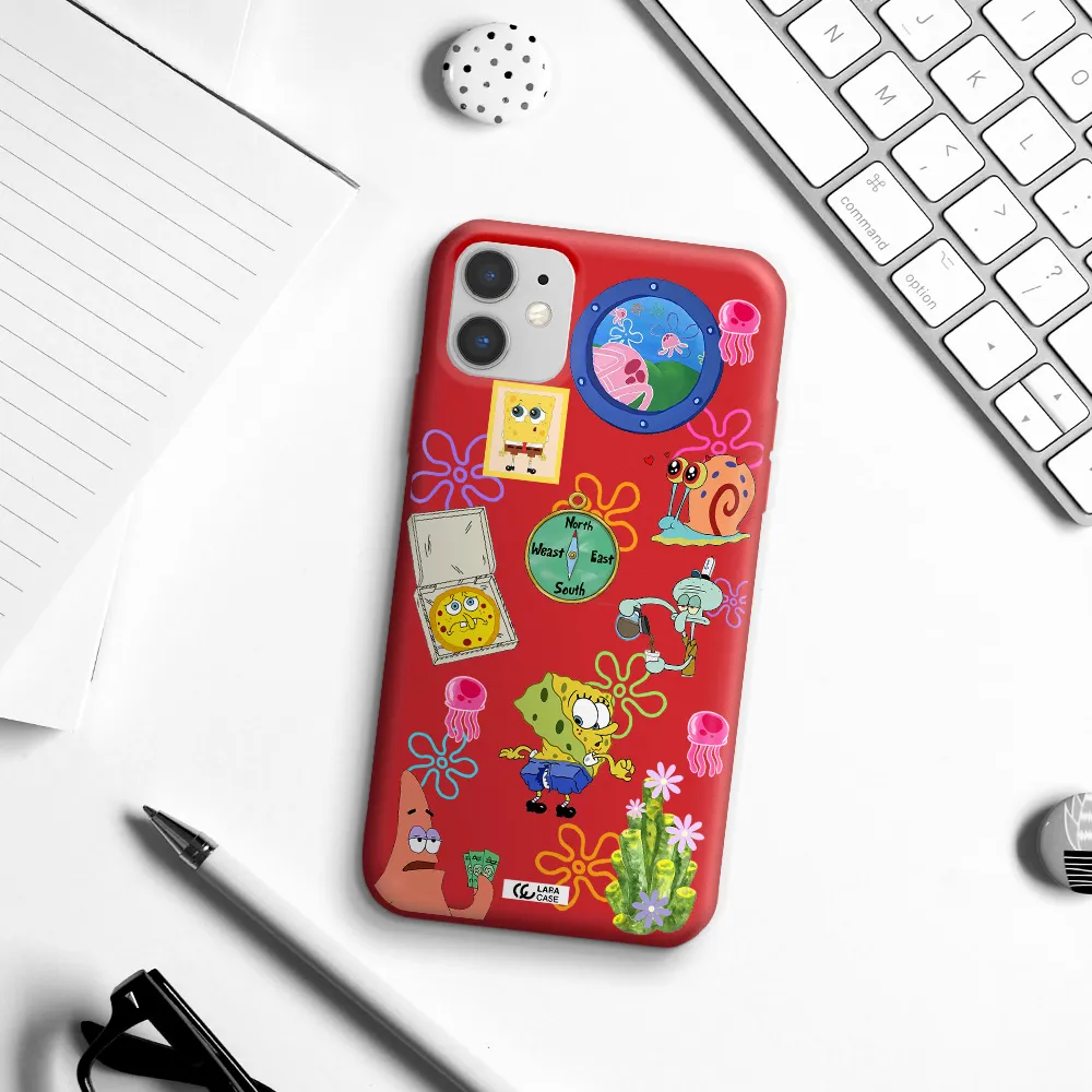 a collection of cartoon characters Apple iPhone 11 Silicone Imperial Red Case
