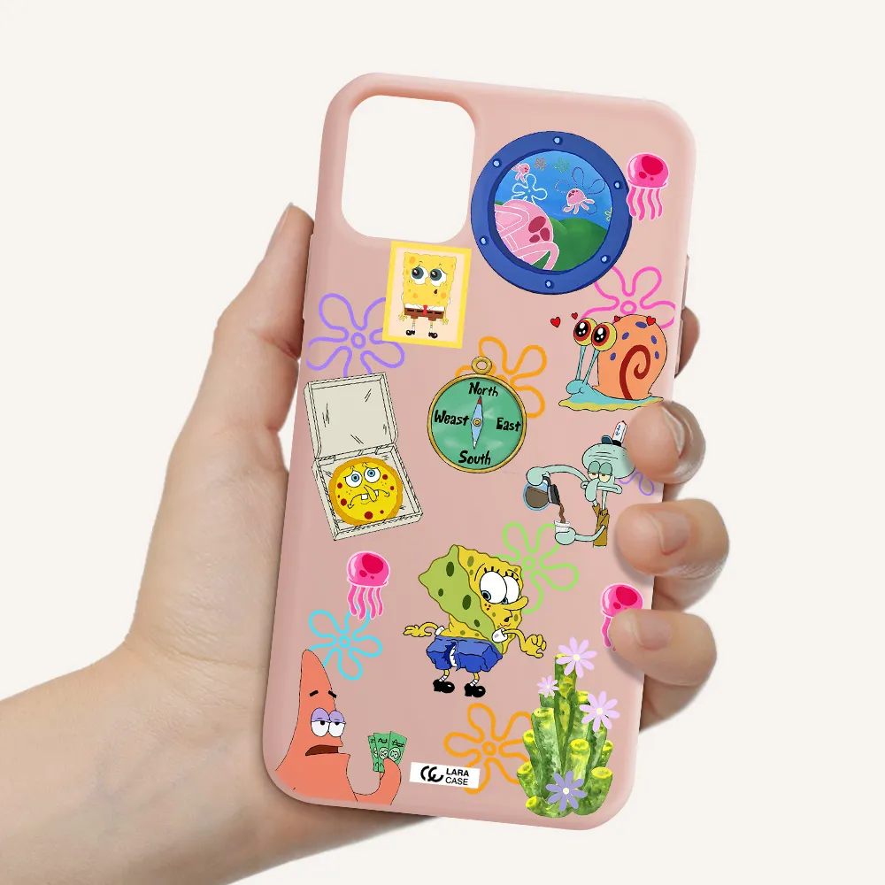 a collection of cartoon characters Apple iPhone 11 Silicone pastel pink Case