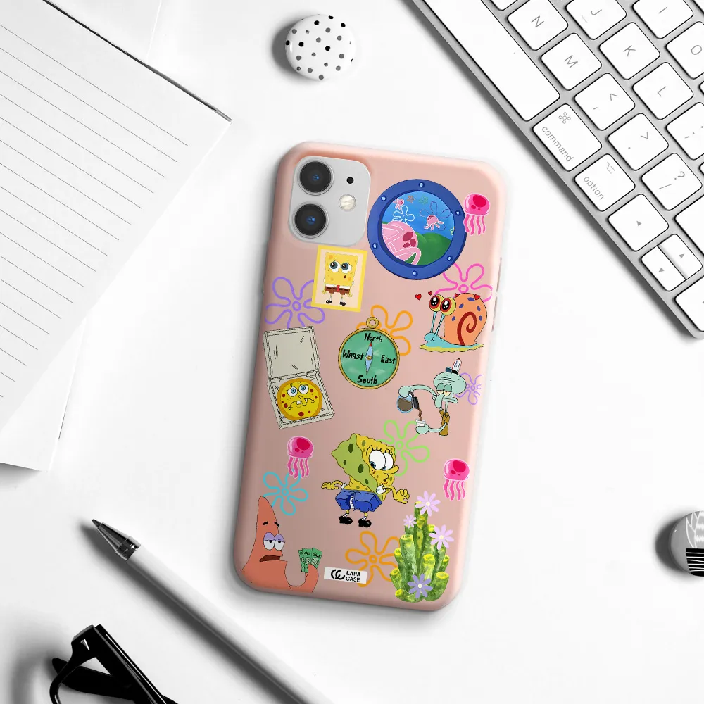 a collection of cartoon characters Apple iPhone 11 Silicone pastel pink Case