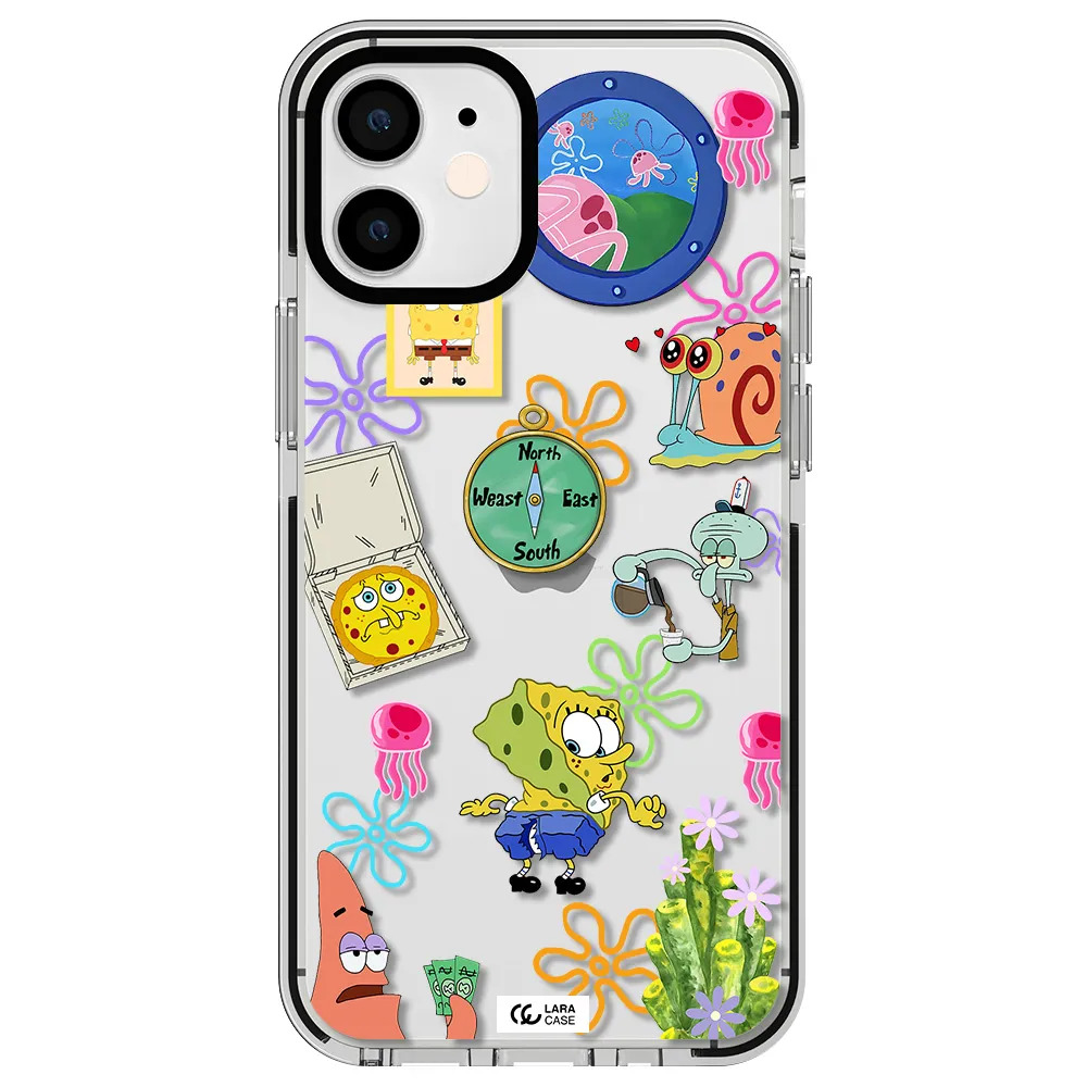 a collection of cartoon characters Apple iPhone 12 mini impact black border Case