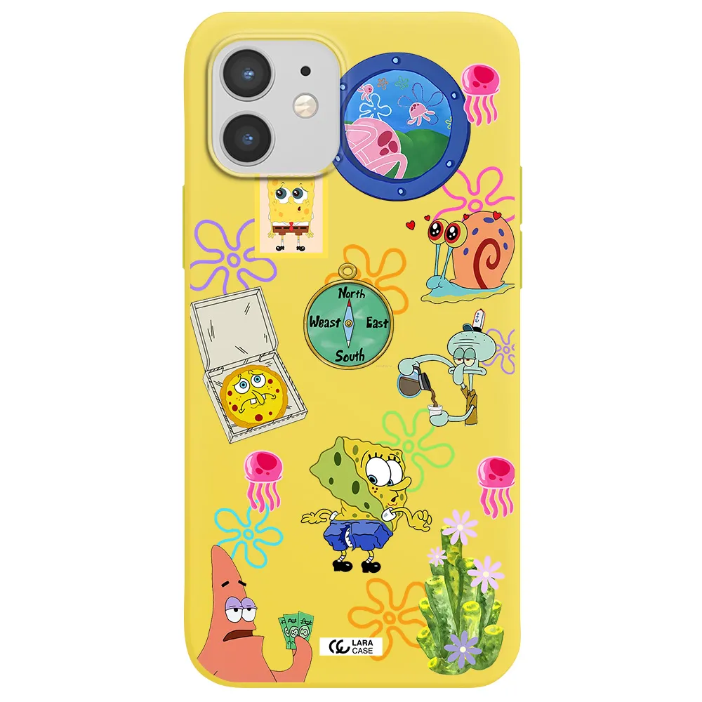 a collection of cartoon characters Apple iPhone 12 mini Silicone canary yellow Case