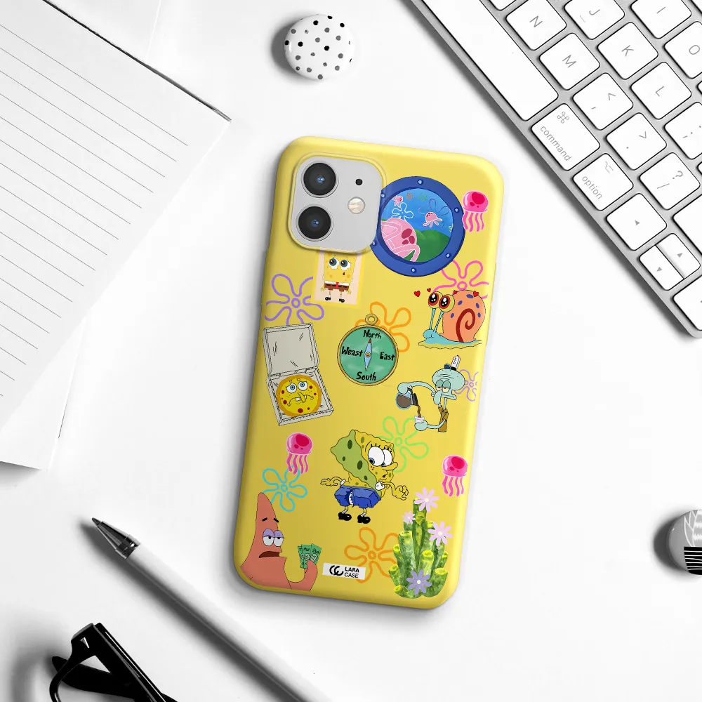a collection of cartoon characters Apple iPhone 12 mini Silicone canary yellow Case