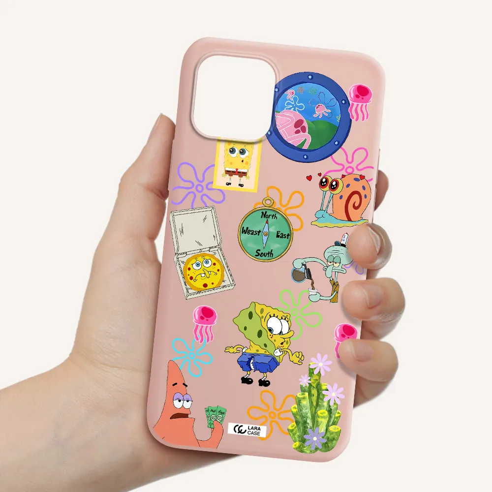 a collection of cartoon characters Apple iPhone 12 mini Silicone pastel pink Case