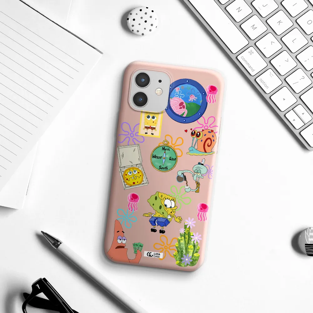 a collection of cartoon characters Apple iPhone 12 mini Silicone pastel pink Case