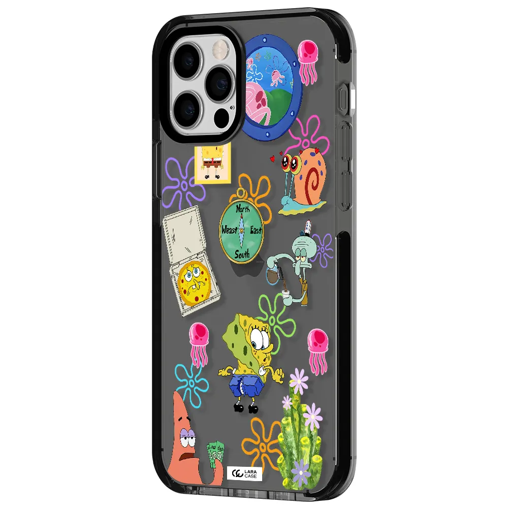 a collection of cartoon characters Apple iPhone 12 pro impact Smoke Black Case