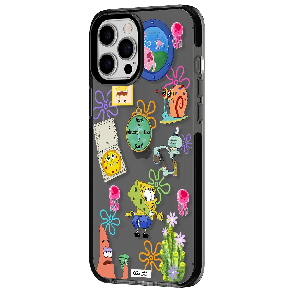 a collection of cartoon characters Apple iPhone 12 pro max impact Smoke Black Case