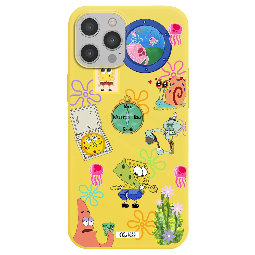 a collection of cartoon characters Apple iPhone 12 pro max Silicone canary yellow Case