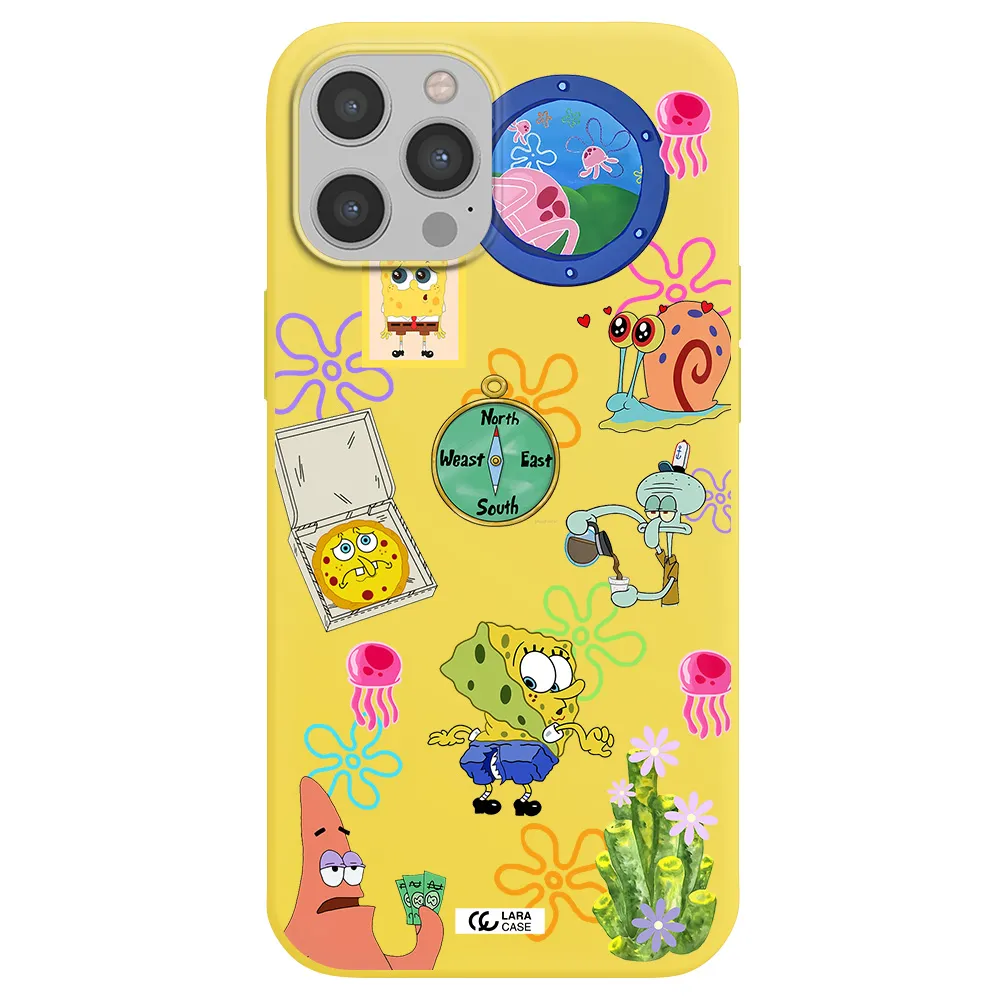 a collection of cartoon characters Apple iPhone 12 pro Silicone canary yellow Case