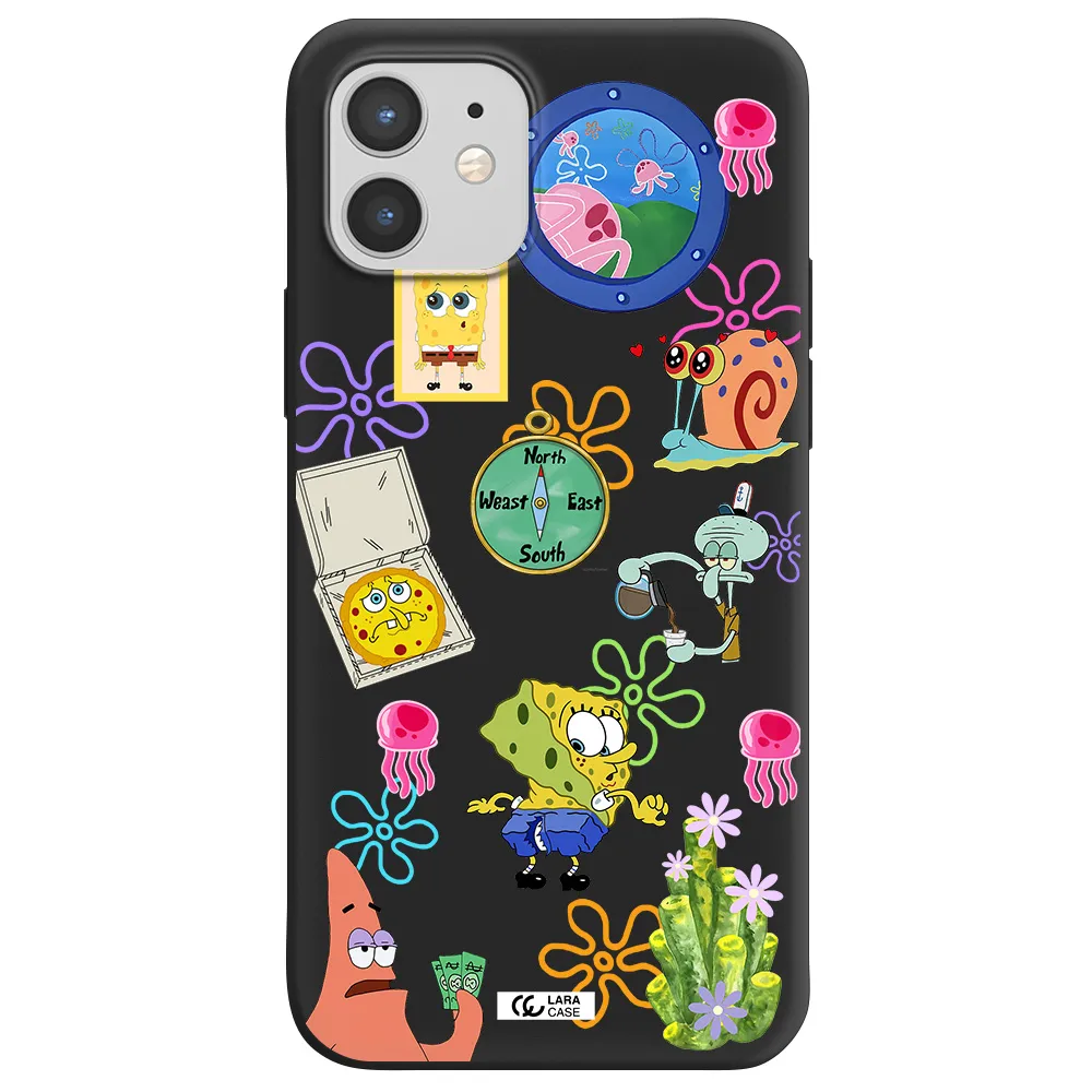 a collection of cartoon characters Apple iPhone 12 Silicone black Case