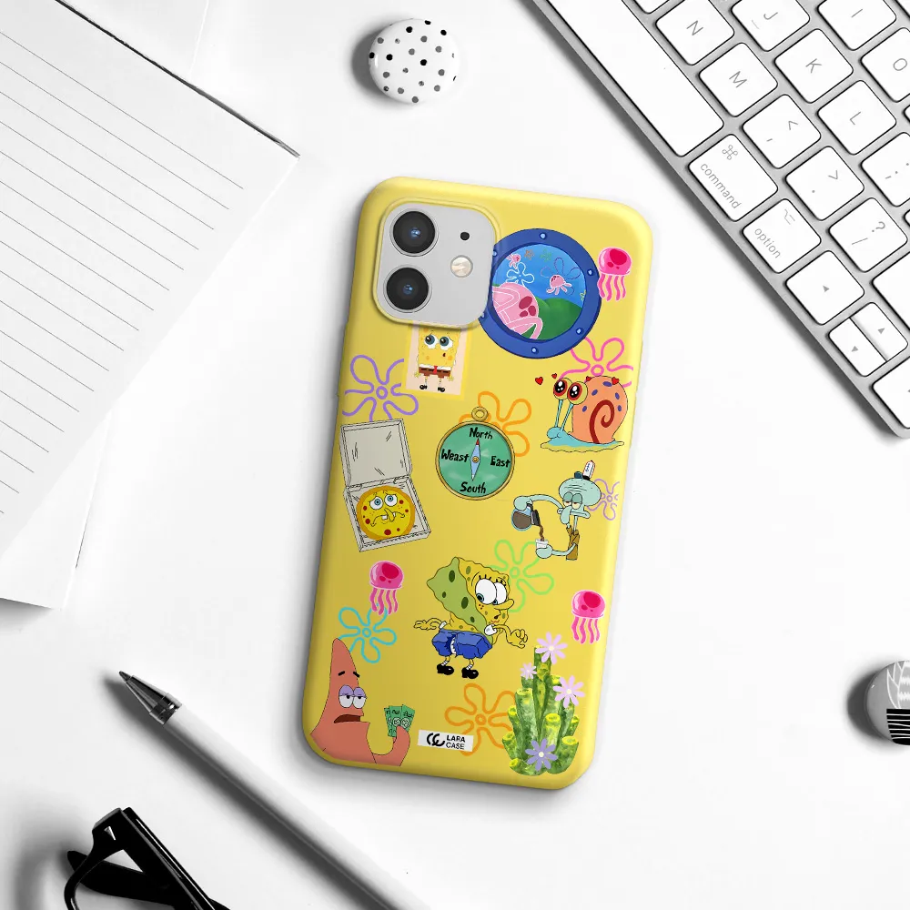 a collection of cartoon characters Apple iPhone 12 Silicone canary yellow Case