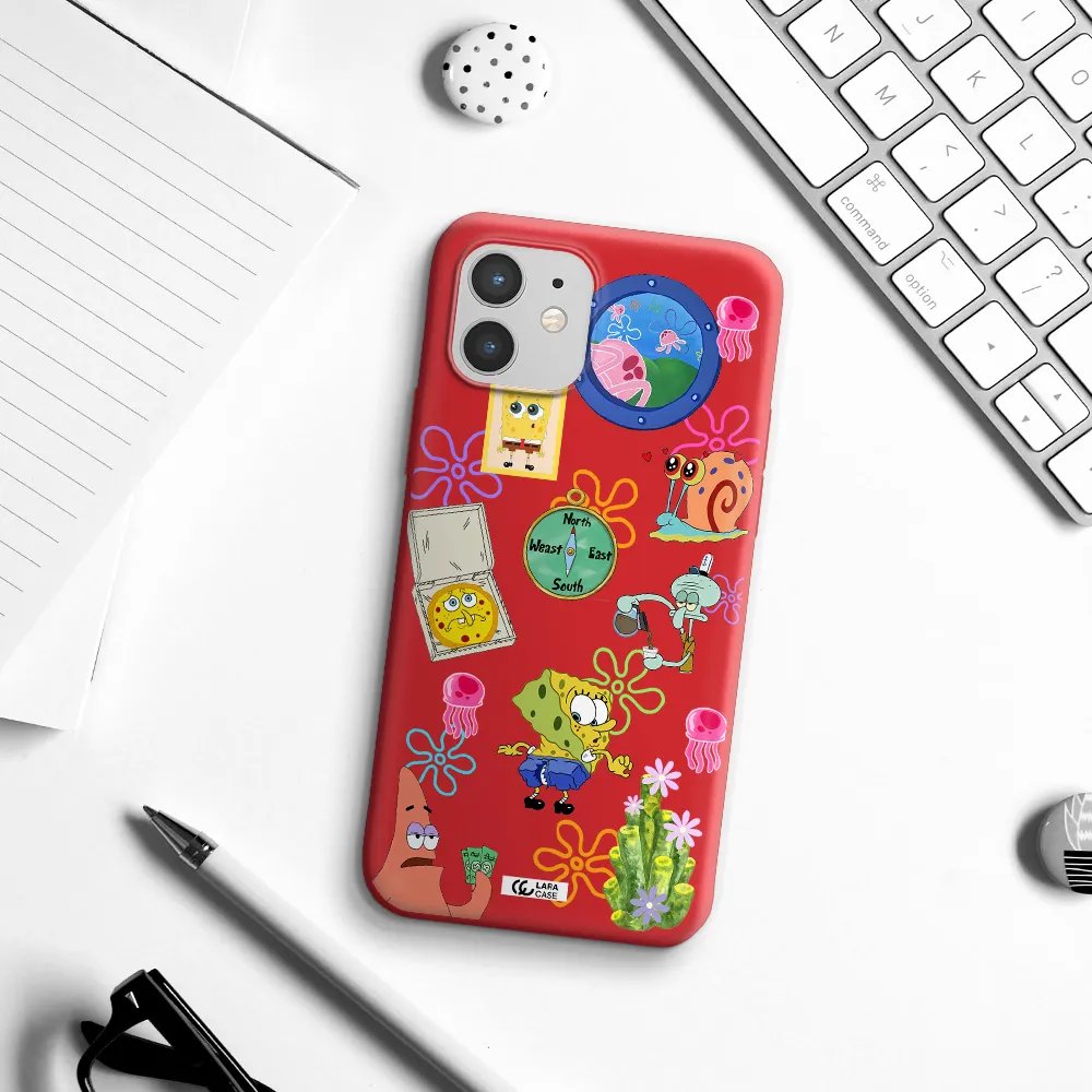 a collection of cartoon characters Apple iPhone 12 Silicone Imperial Red Case