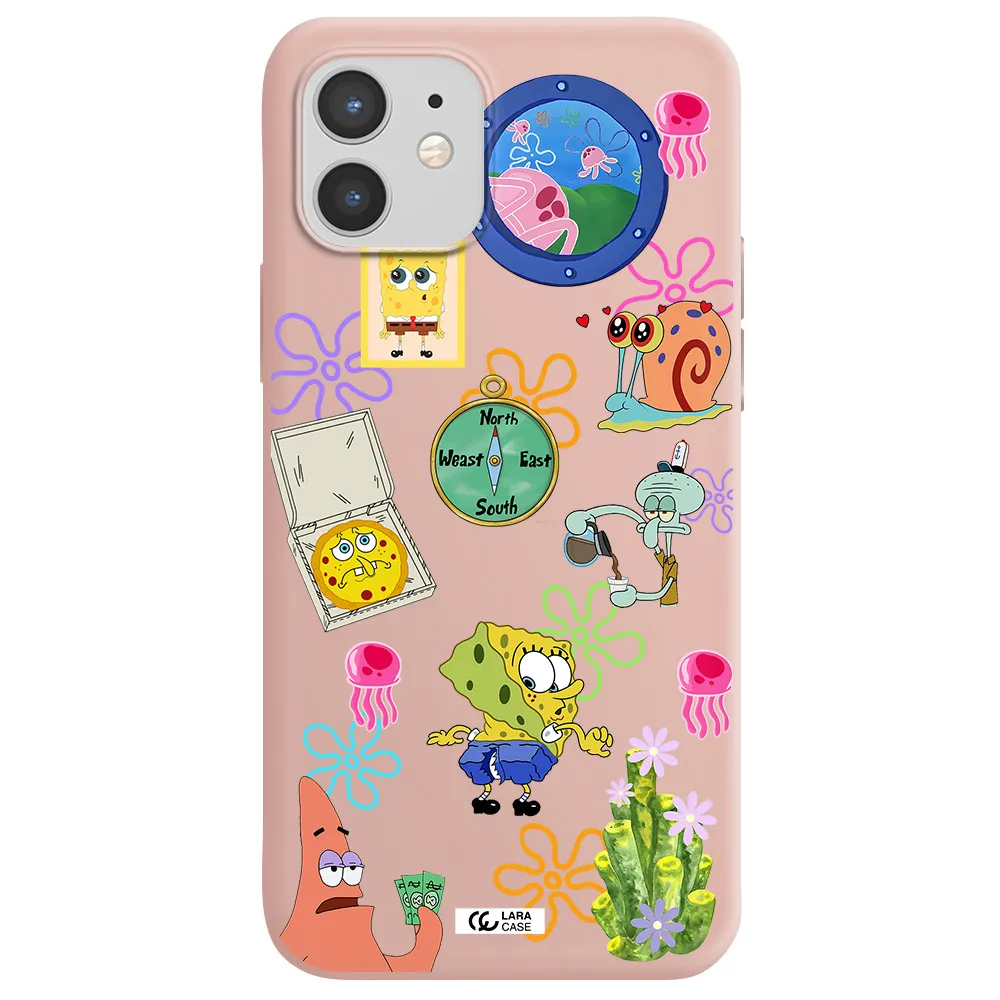a collection of cartoon characters Apple iPhone 12 Silicone pastel pink Case